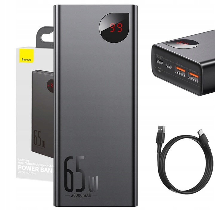 BASEUS POWERBANK 20000MAH 2X USB 1X USB-C PD QC 3.0 65W LED CERTYFIKAT CE