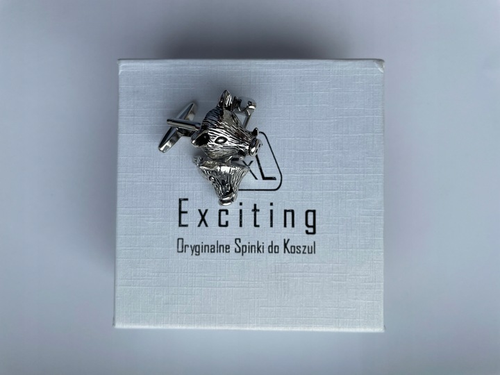 Srebrne spinki do mankietów EXC Dzik Dziki Głowa Dzika dla Myśliwego w Etui