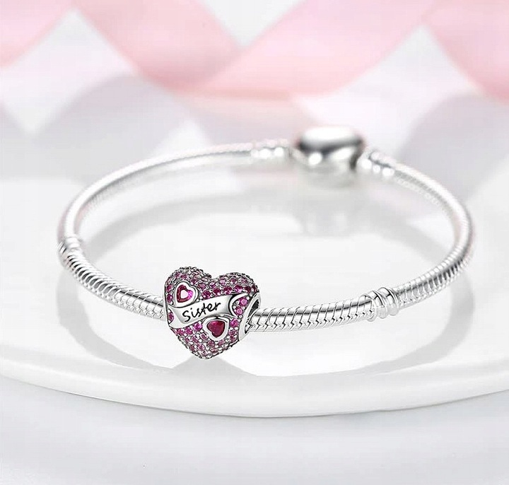 Charms zawieszka Serce SISTER siostra srebrny charms cyrkonie próba s925