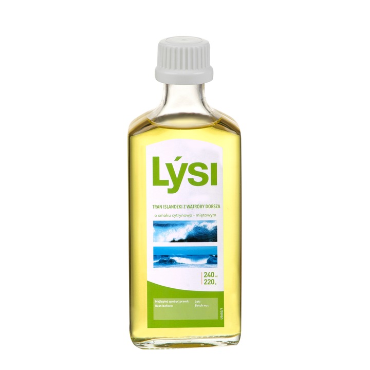 Tran Lýsi cytrynowo-miętowy islandzki OMEGA 3 DHA EPA witaminy A D E 240 ml