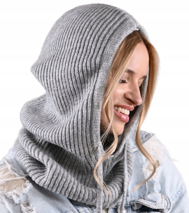Czapka damska szara KAPTUR modny balaclava Kominiarka komin miekka zimowa