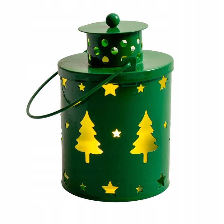 Lampion adwentowy na roraty dla dzieci metalowy zielony choinki LED 12,5 cm