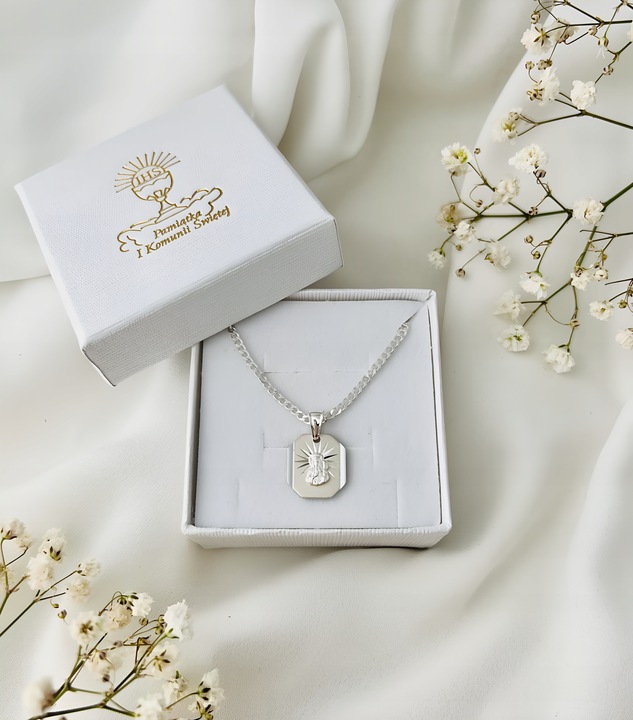 Medalik Matka Boska i srebrny łańcuszek pancerka 40 cm 925 Komunijny grawer