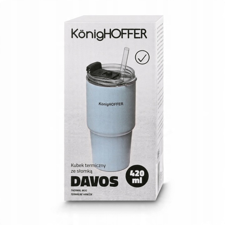 KUBEK TERMICZNY ze słomką PRÓŻNIOWY Niebieski Konighoffer Davos 420 ml