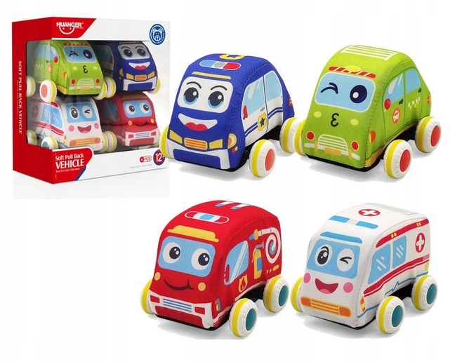 PLUSZOWE MIĘKKIE AUTKA NAPĘD ZESTAW 4 SZTUKI POJAZDY