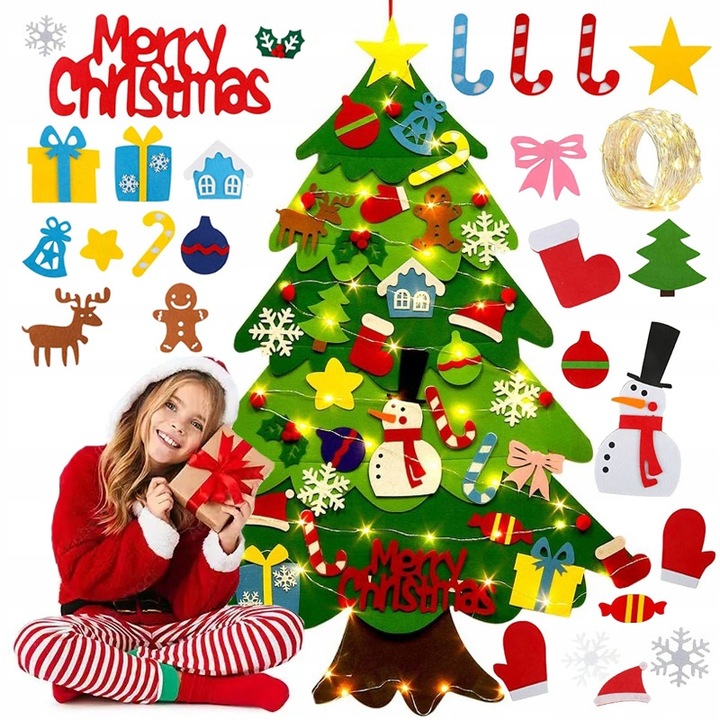 CHOINKA FILCOWA NA RZEPY Z OZDOBAMI DLA DZIECI ŚWIATEŁKA 50 LED NA ŚCIANĘ