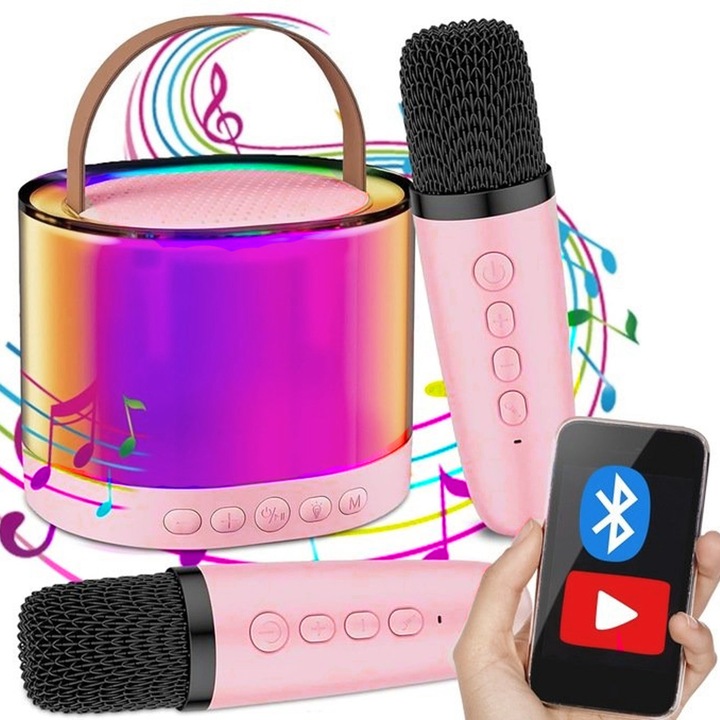 MIKROFON GŁOŚNIK BEZPRZEWODOWY RGB ZESTAW DO KARAOKE BLUETOOTH 2 MIKROFONY