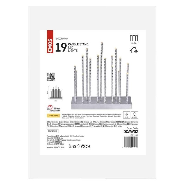 Lampki choinkowe świecznik srebrny 19 LED 28 cm 3xAA ciepła biel timer EMOS