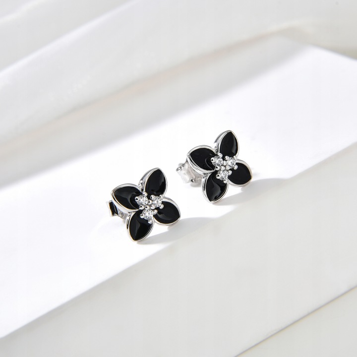 Srebrne kolczyki wkrętki kwiatki czarne sztyfty kolczyki srebro rodowane