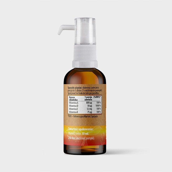 ADEK 250 PORCJI Wit. A 800µg Wit. D 50µg (2000 IU) Wit. E 12mg Wit. K 75µg