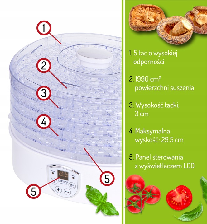 Suszarka do grzybów ziół i żywności 550W timer LCD