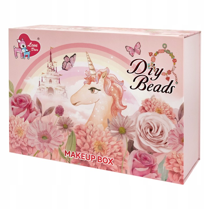 KOSMETYKI DLA DZIECI W SZKATUŁCE JEDNOROŻEC KORALIKI CIENIE LAKIERY KUFEREK