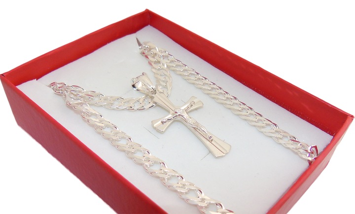 Srebrny Łańcuszek Romby Rombo 6,5mm 60cm + Krzyżyk