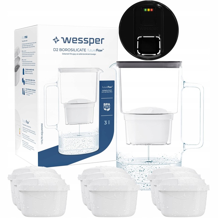 Szklany dzbanek filtrujący Wessper Aquamax z licznikiem LED 3,3 + 10x Filtr