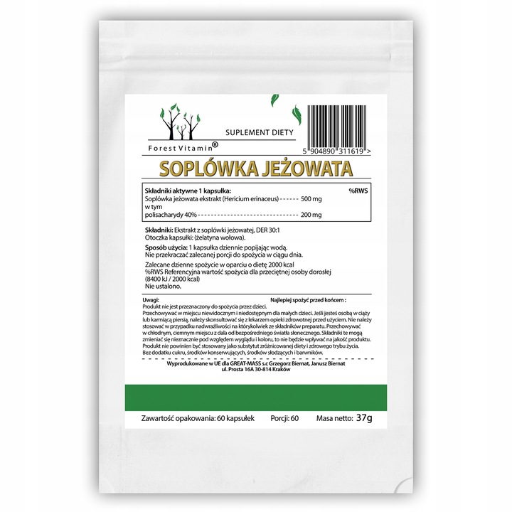 Soplówka Jeżowata 500mg 60kap LION'S MANE PAMIĘĆ MÓZG KONCENTRACJA