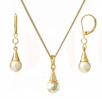 ZŁOTY KOMPLET BIŻUTERII Z PEREŁĄ KOLCZYKI WISZĄCE PERŁY NASZYJNIK ZAWIESZKA
