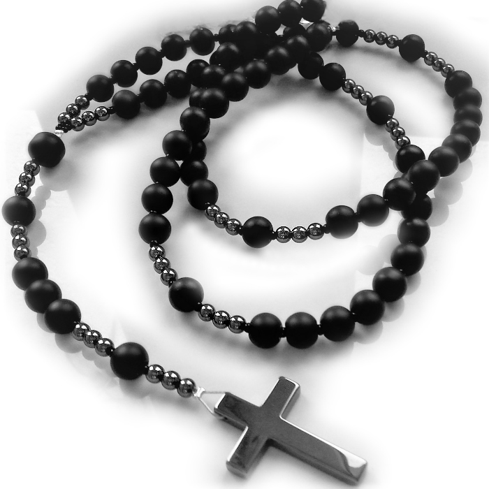 MĘSKI NASZYJNIK RÓŻANIEC ONYKS HEMATYT HIT Nowość