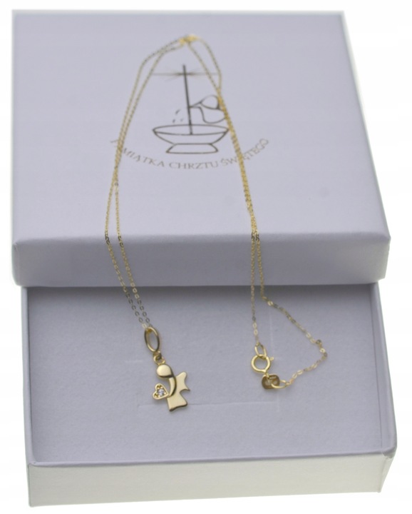 Złoty Łańcuszek z Medalikiem 585 z aniołkiem Na CHRZEST+ Prezent