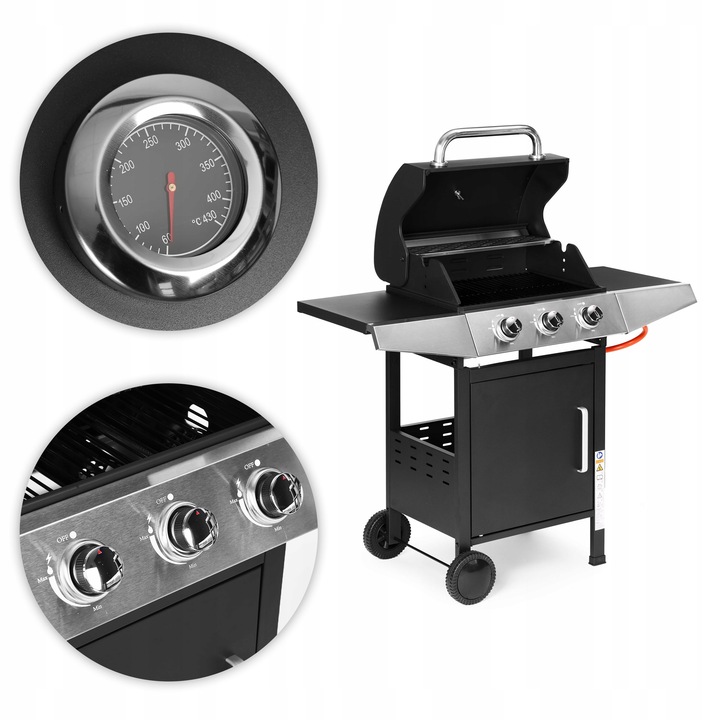Grill gazowy ogrodowy 10.2 kW duży ruszt 3 palniki termometr reduktor Multi