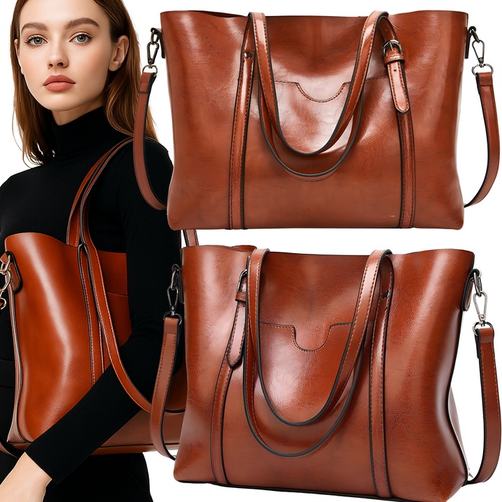 POJEMNA DAMSKA TORBA TOREBKA EKO-SKÓRZANA NA RAMIĘ BRĄZOWA POJEMNA+PASEK