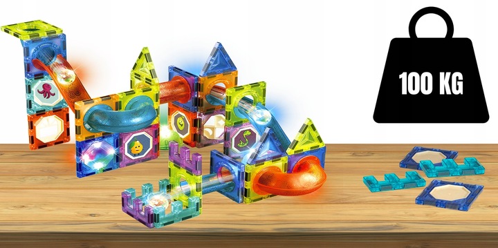 KLOCKI MAGNETYCZNE ŚWIECĄCE STEM 75 ELEMENTÓW TOR KULKOWY LED3+ MAGNA TILES
