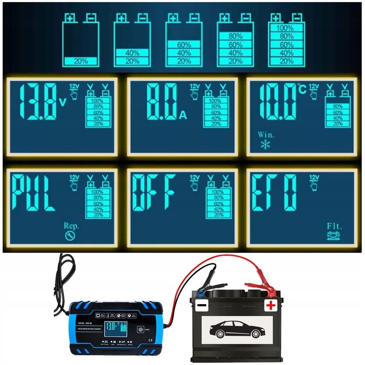 Prostownik samochodowy do akumulatorów LTC LX1204 12 V 24 V LCD ładowarka