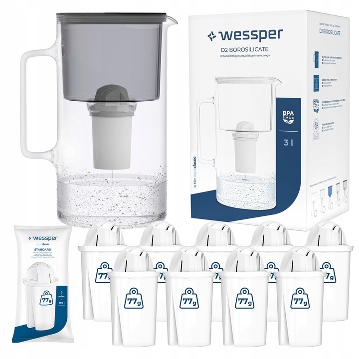 Dzbanek filtrujący szklany Wessper 3l Czarny + 10x Filtr aquaclassic