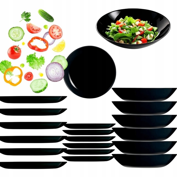 Serwis Obiadowy Talerze Komplet Zestaw OKRĄGŁE 18el CZARNE LUMINARC TZ44