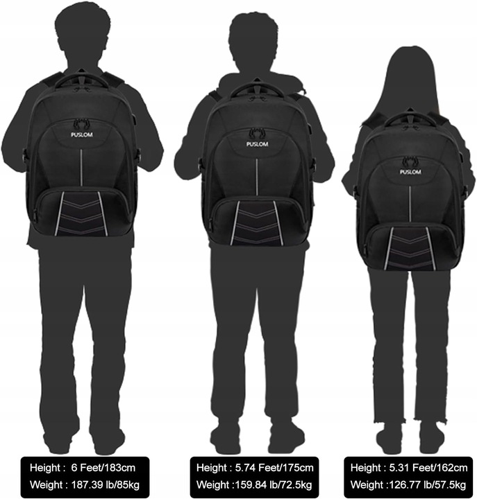 PLECAK PODRÓŻNY SZKOLNY TURYSTYCZNY NA LAPTOPA PUSLOM 55l CZARNY DUŻY USB