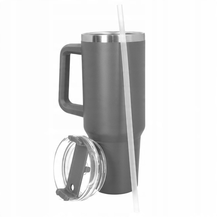 Kubek termiczny ze słomką próżniowy na kawę herbatę szary duży 1,2l