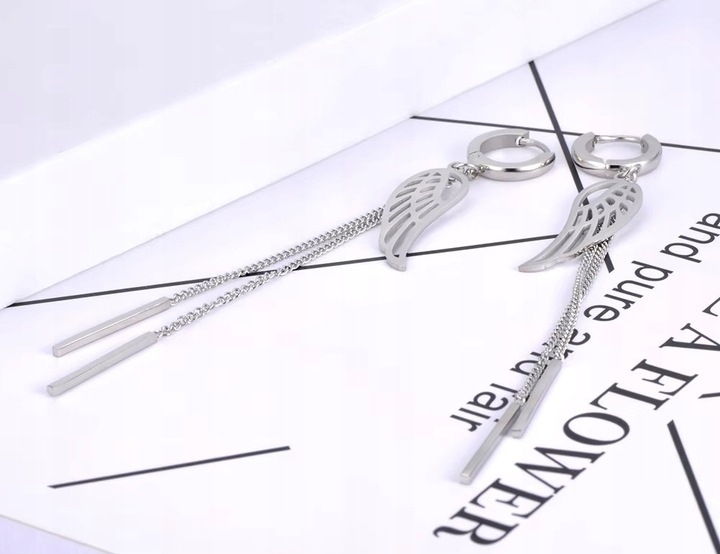 KOLCZYKI DŁUGIE ŁAŃCUSZKI SKRZYDŁA STAL CHIRURGICZNA 316 L KOLOR SREBRNY