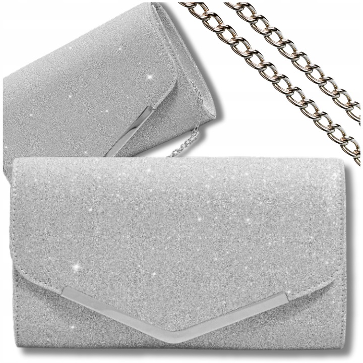 Srebrna Wieczorowa Torebka Kopertówka Błyszcząca na Ślub EFEKTOWNA Wizytowa