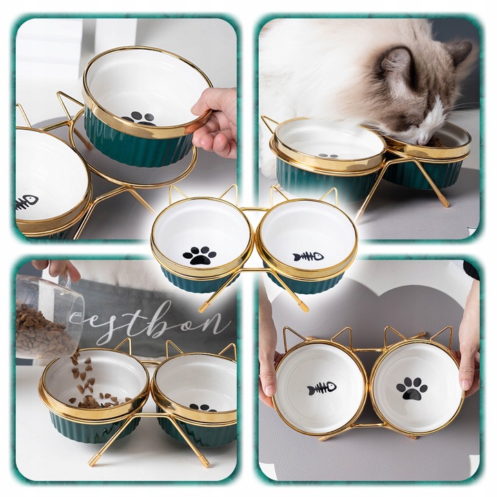 ZESTAW 2SZT MISKA DLA KOTA PSA PODWÓJNA CERAMICZNA NA STOJAKU Miski 2x300ml