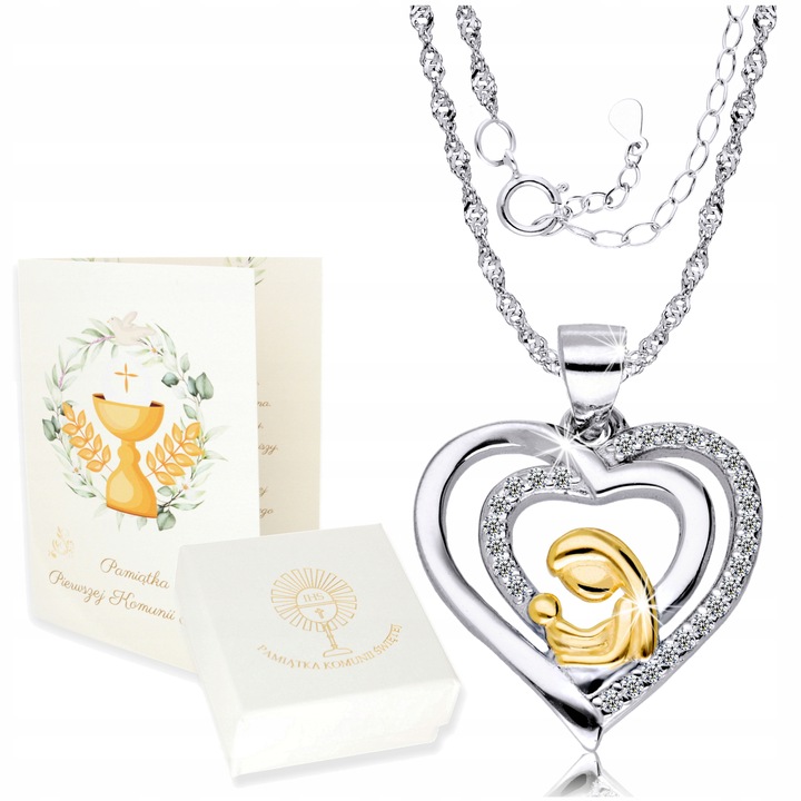Srebrny Łańcuszek 925 z Medalikiem Sercem Matka Boska na Komunię Chrzest