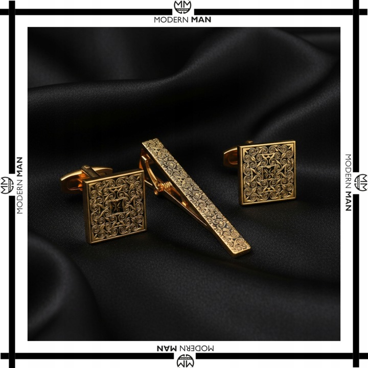 ZESTAW SPINKI DO MANKIETÓW I KRAWATU ZŁOTE NOWOCZESNE PREZENT DLA NIEGO