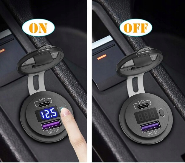 ŁADOWARKA SAMOCHODOWA USB QC3.0 + PD USB C WOLTOMIERZ PRZYCISK ON/OFF