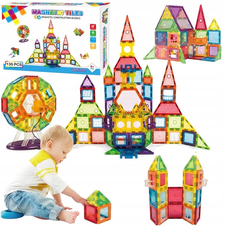 Klocki MAGNETYCZNE duży zestaw mocne magnesy PANELE MŁYN 130 elementów