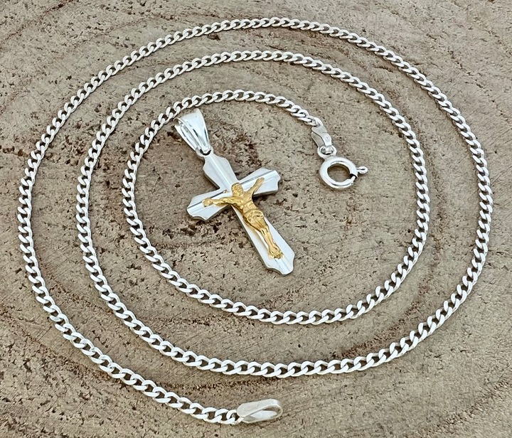 Komplet komunijny łańcuszek z krzyżem srebro 925 pozłacany wizerunek 45 cm