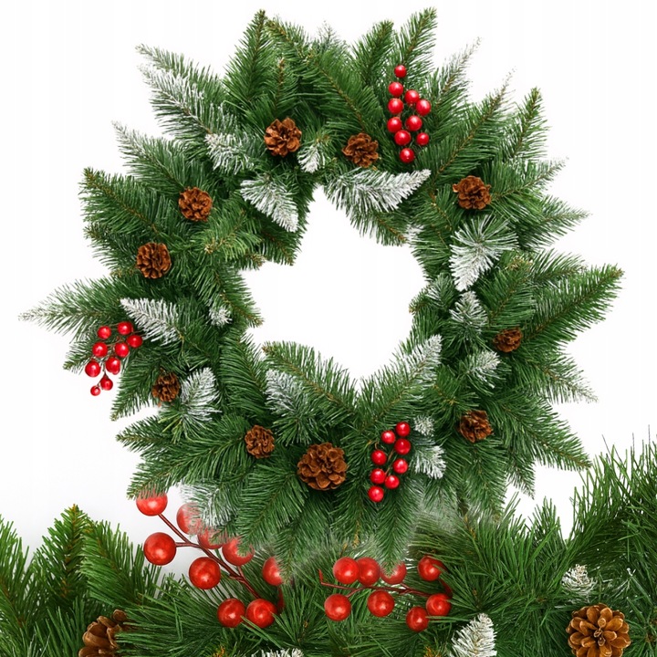 WIENIEC ŚWIĄTECZNY STROIK NA ŚWIĘTA Z OZDOBAMI JARZĘBINA SZYSZKA gęsty XXL