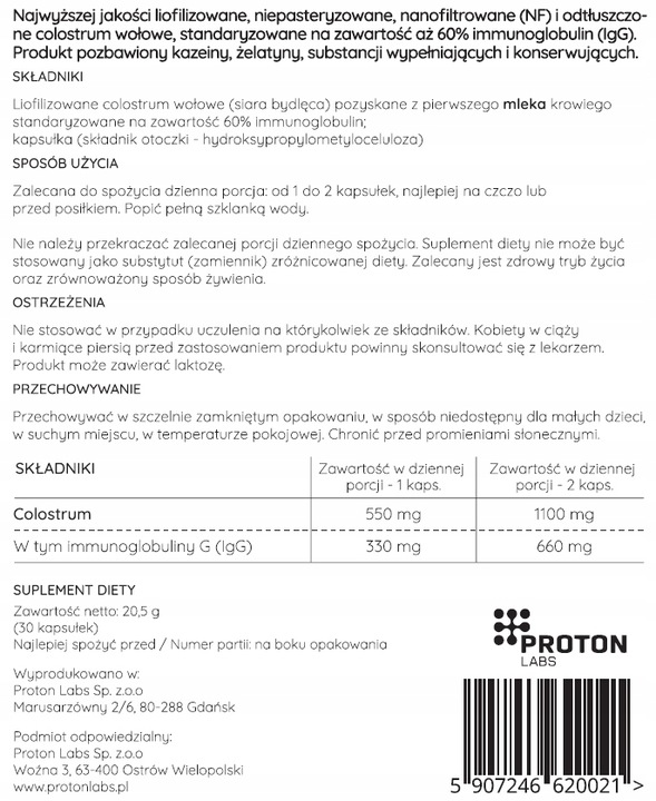 Proton Labs COLOSTRUM PRO 60% IG PREMIUM NAJMOCNIEJSZE 30kaps LIOFILIZOWANE