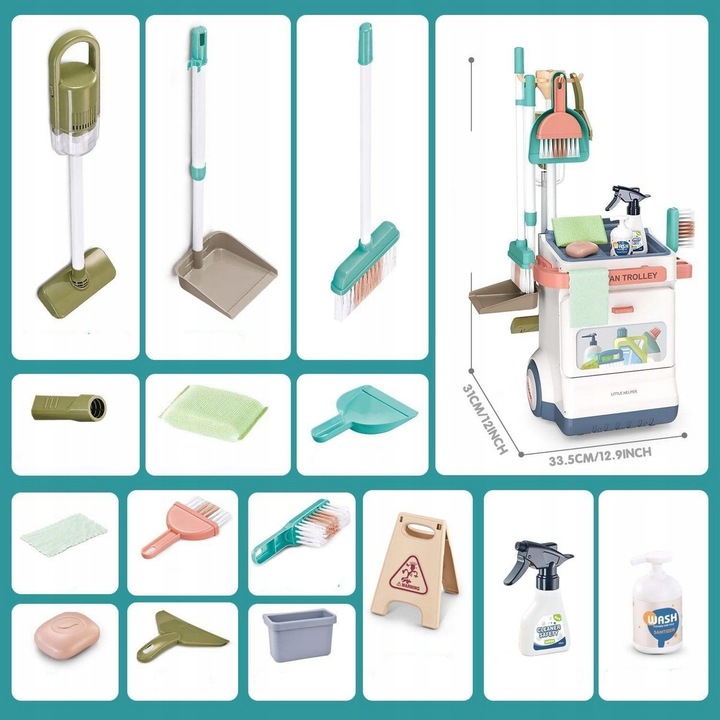 Zestaw do sprzątania dla dzieci odkurzacz wózek mop wiaderko akcesoria 20w1