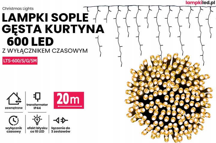 LAMPKI GĘSTE SOPLE CHOINKOWE ZEWNĘTRZNE 600LED 20metrów GNIAZDO TIMER FLASH