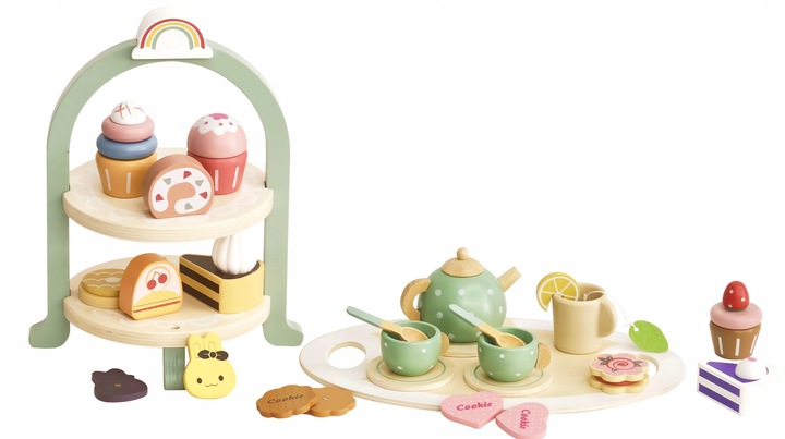 SERWIS DLA DZIECI XXL DREWNIANY zestaw do herbaty kawy FILIŻANKI CIASTKA