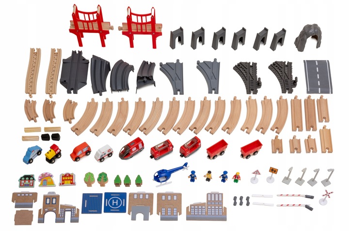 Drewniana Kolejka Elektryczna POCIĄG NA BATERIE x2 WAGONY TUNEL TOR Dźwięk