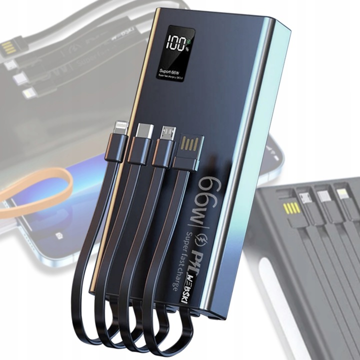 MOCNY POWERBANK 30000MAH 66W LATARKA LCD LED 4 USB USB-C + KABEL 3W1