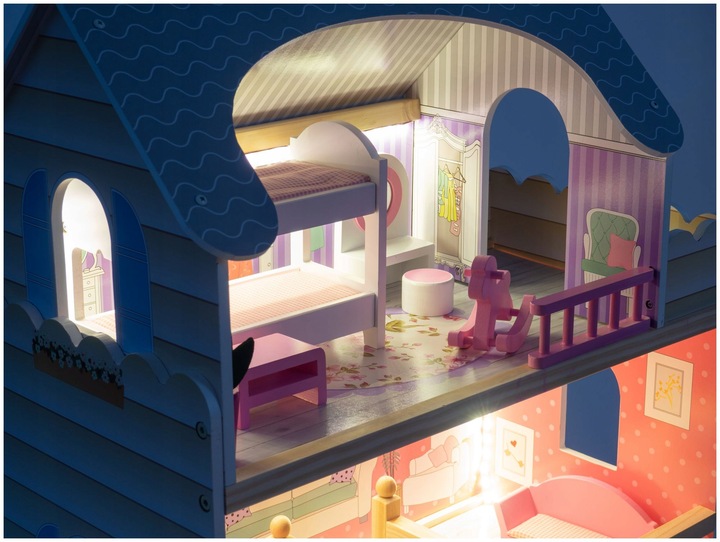 Domek dla Lalek Drewniany Duży Oświetlenie LED Mebelki 3 Poziomy - XL 90cm