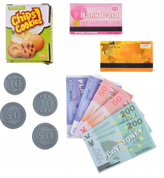 KASA SKLEPOWA FISKALNA SKANER DŹWIĘK KALKULATOR MONETY PIENIĄDZE AKCESORIA