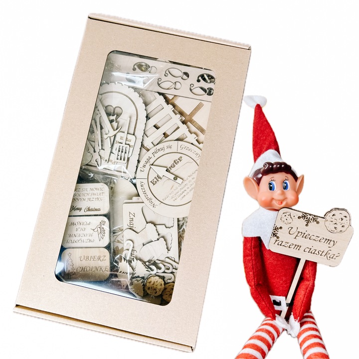 ZESTAW PAKA GADŻETÓW DREWNIANYCH DLA ELFA TABLICZKI ELFOMTER ZADANIA DRZWI