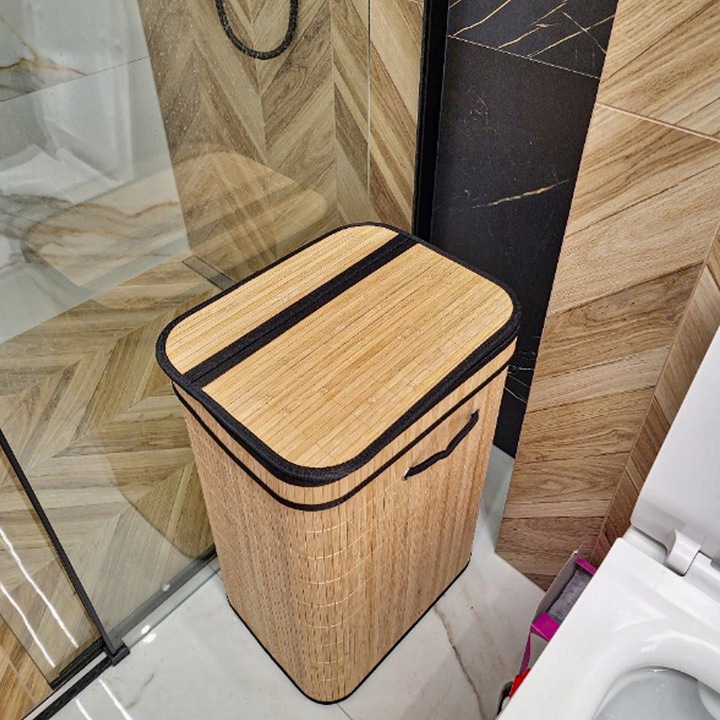 BAMBUSOWY CZARNY KOSZ NA PRANIE WOLNOSTOJĄCY POJEMNIK Z POKRYWĄ 72L