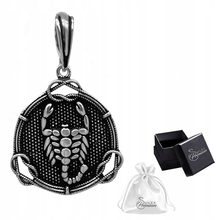 Zawieszka okrągła Srebrna Oksydowana Wisiorek SKORPION srebro pr. 925